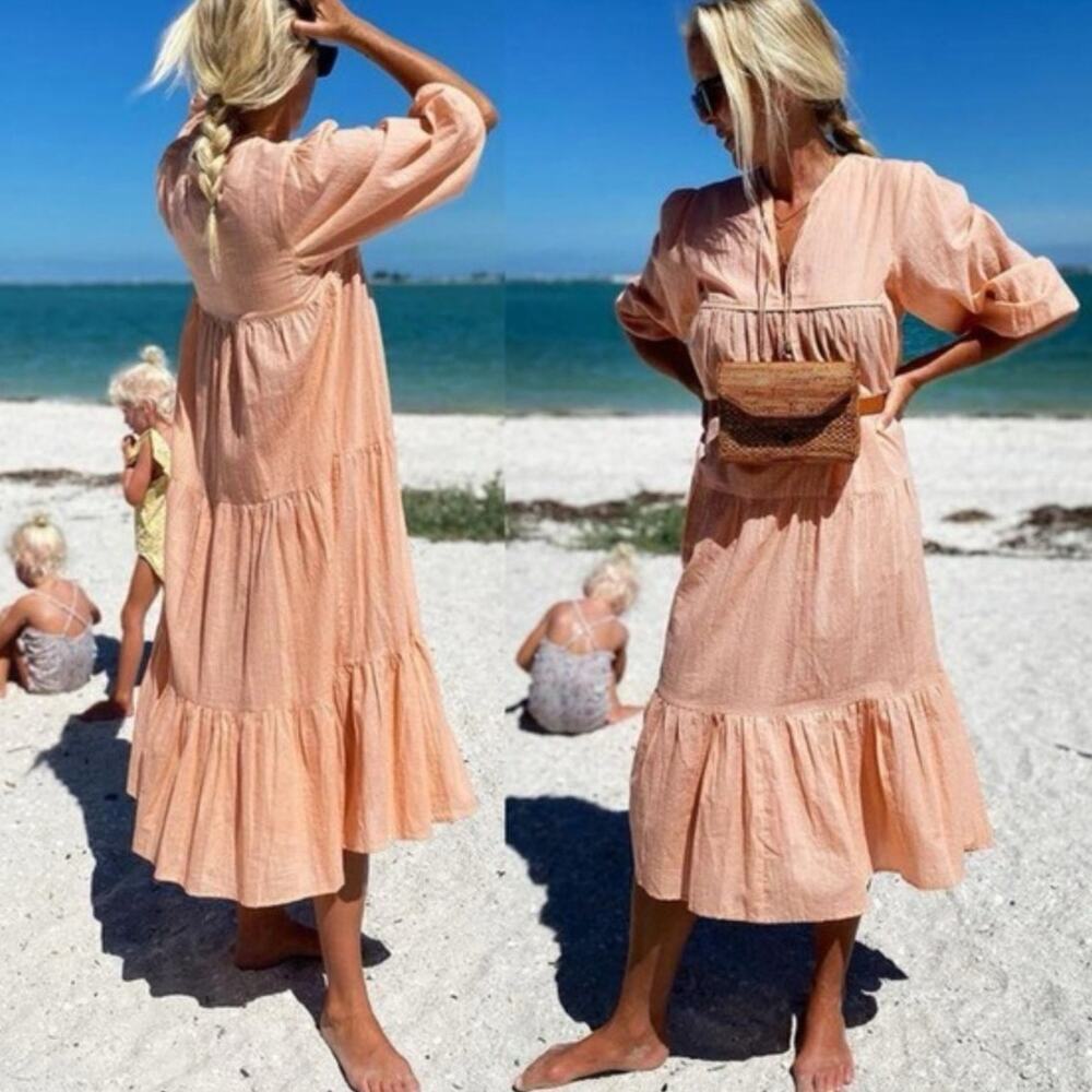 Emerson Fry India Collection Heirloom‎ Dress Peach Silver Lurex Size XS Small